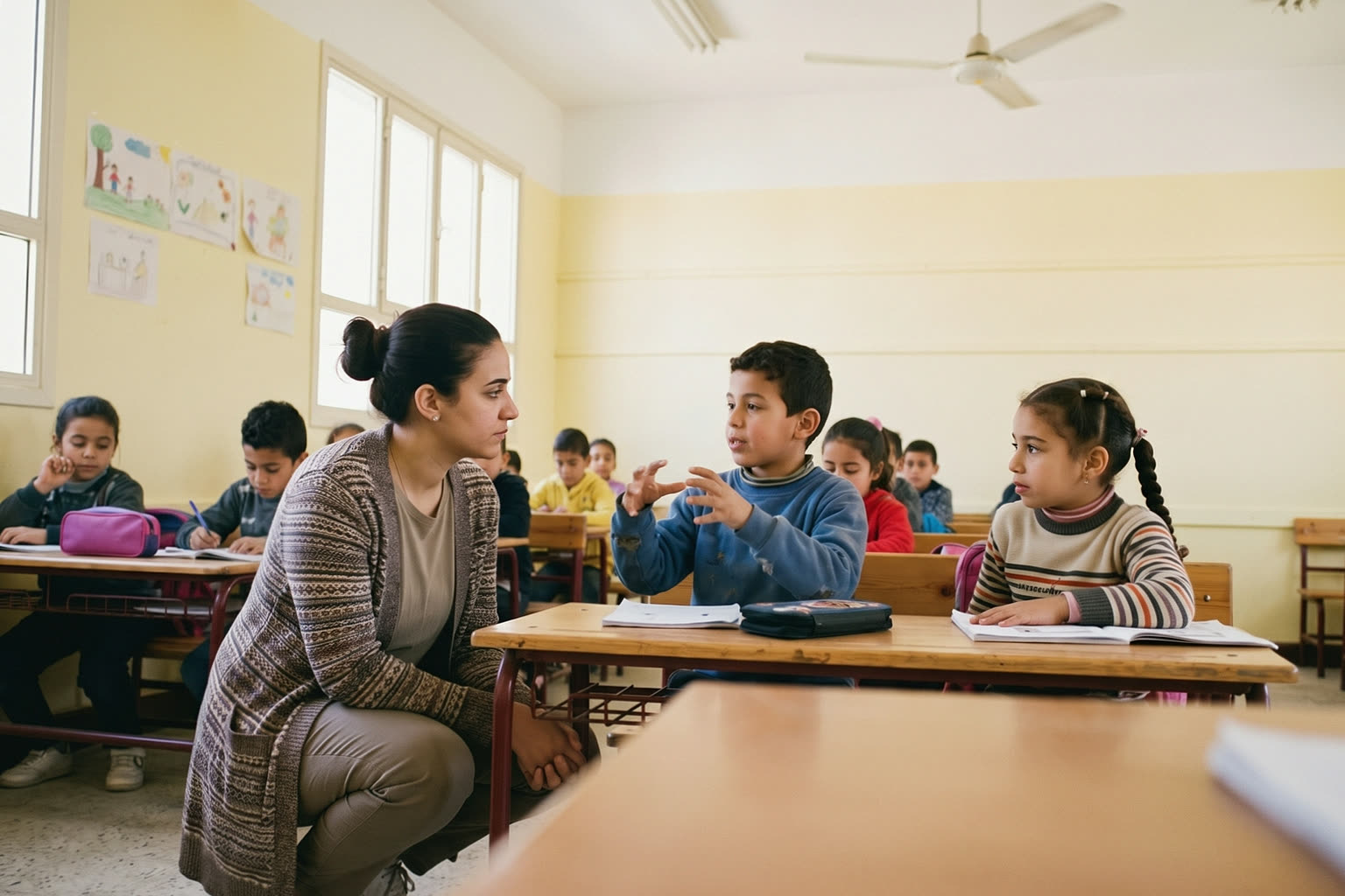 A teacher crouching beside a pupil's desk to listen as he explains his answer