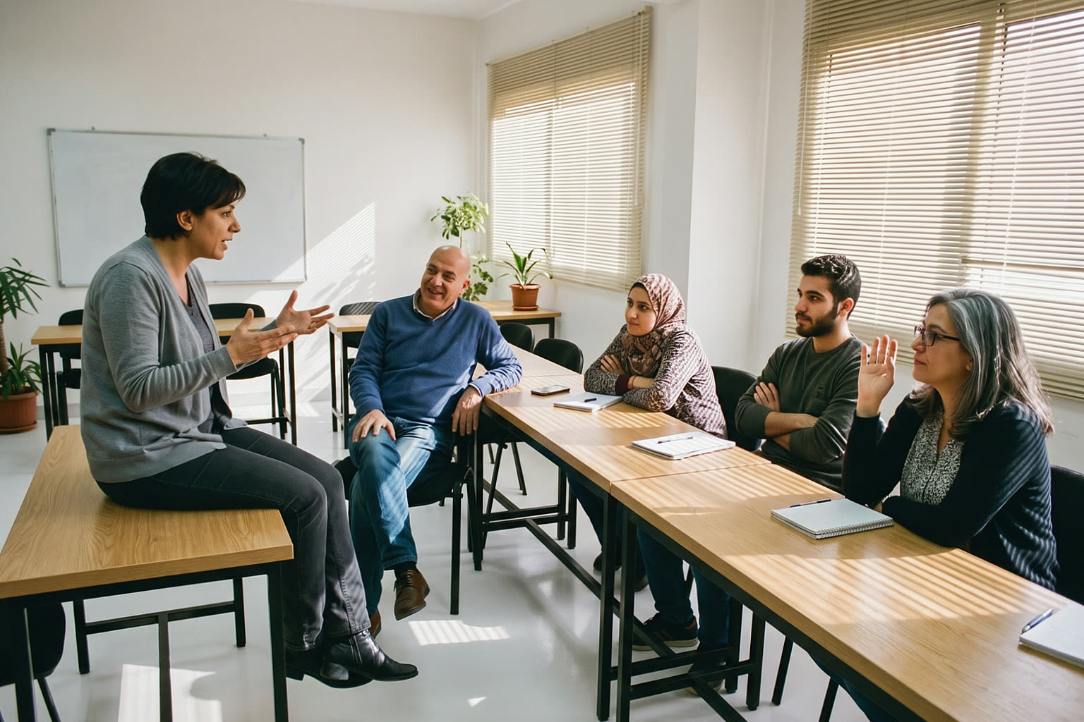 A woman trainer sitting on a table edge and talking with five teachers in a bright, clean training room